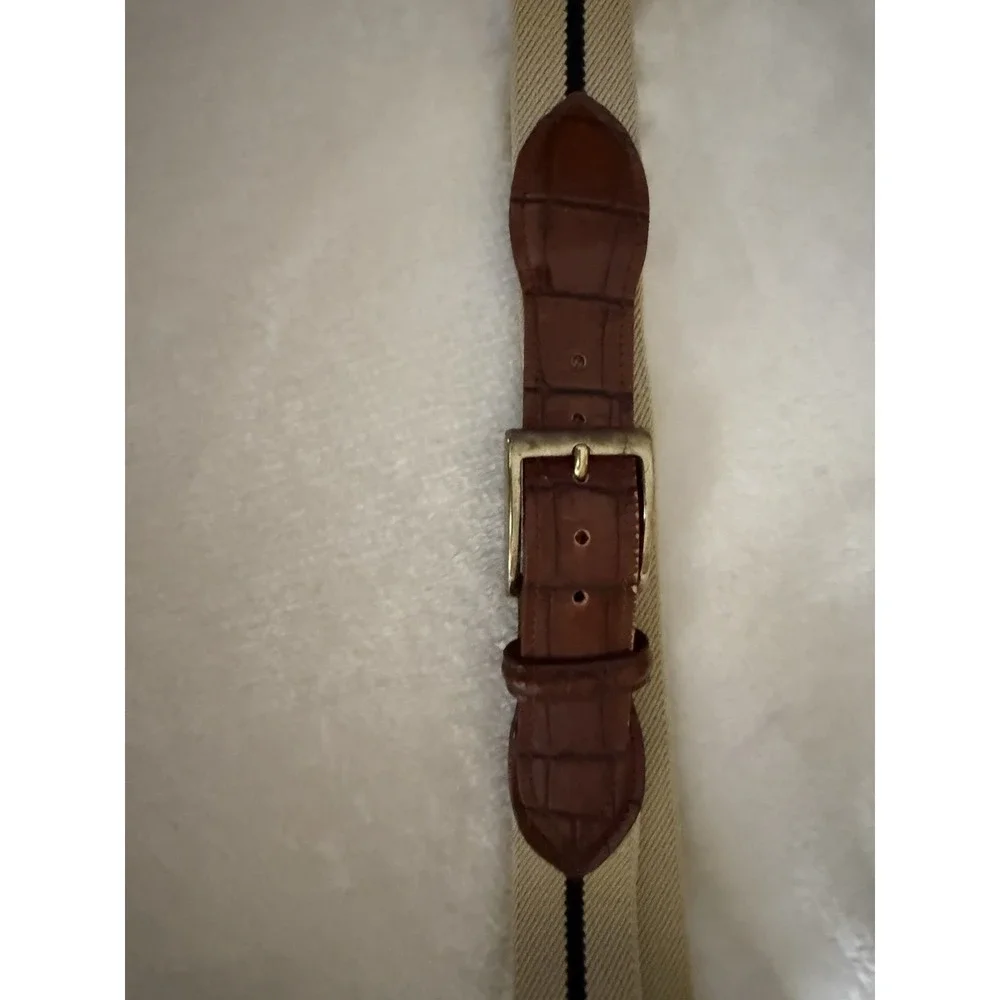 Jos A Bank Belt Mens 38 Beige W/ Black Stripe Leather Canvas Casual Belt
